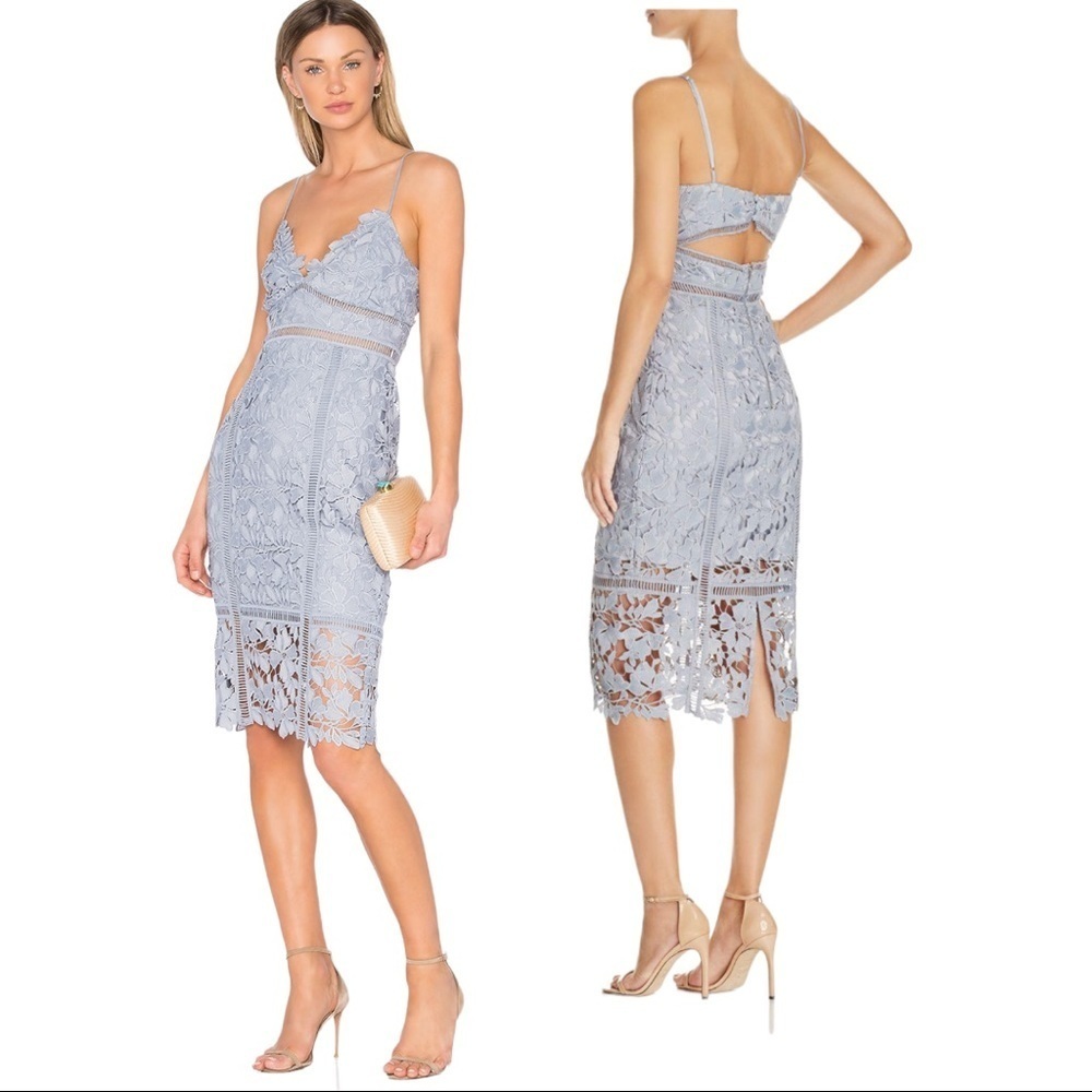 Bardot Botanical Lace Dress in Dusty Blue